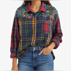 Vintage QPS Shirt Womens L Multicolor Plaid Embroidered Floral Flannel Boho 90s